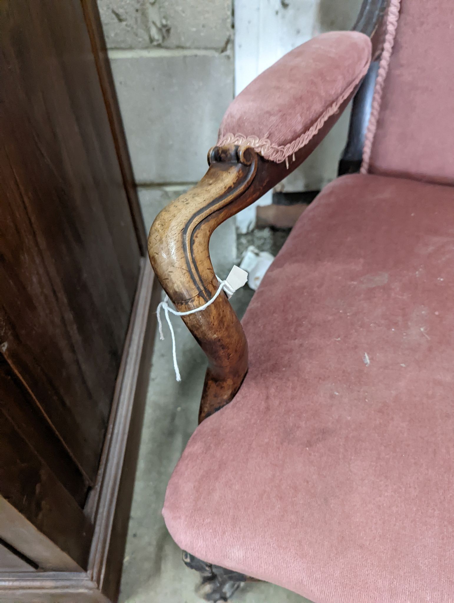 A Victorian mahogany open armchair, width 63cm, depth 70cm, height 94cm